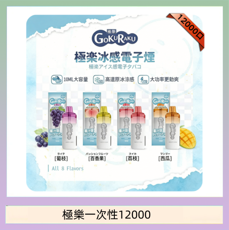 極樂一次性12000 【8種口味】極楽 12000口一次性電子煙|超大容量 |口感絲滑|新品